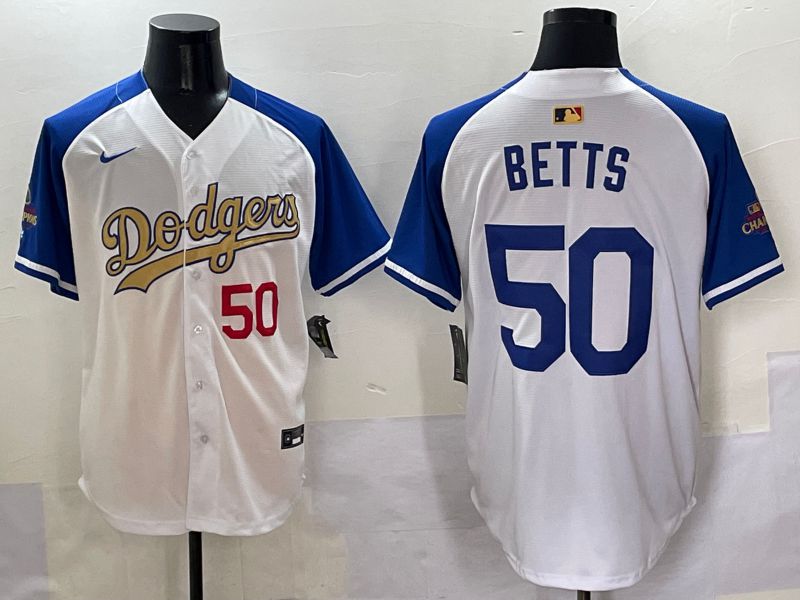 Men Los Angeles Dodgers 50 Betts White Blue Champion gold character Nike 2025 MLB Jersey style 5052